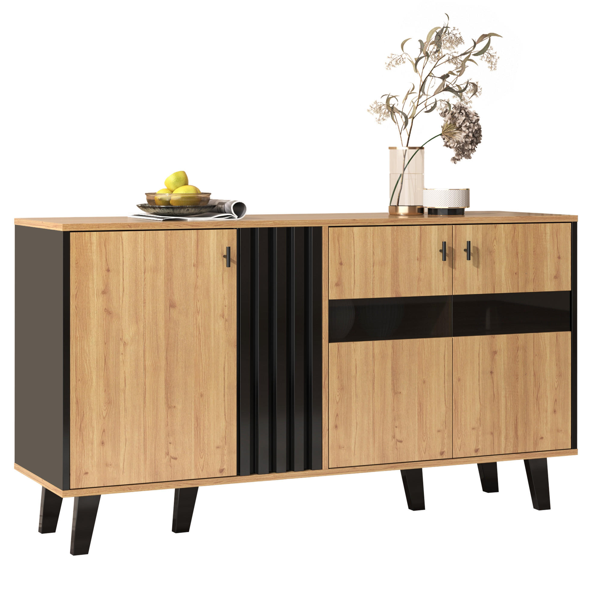 SIDEBOARD mit 3 Türen 140 x 78,5 x 41 cm Holzoptik Schwarz - Braun, Glas (140/78.5/41cm) - Meubliv