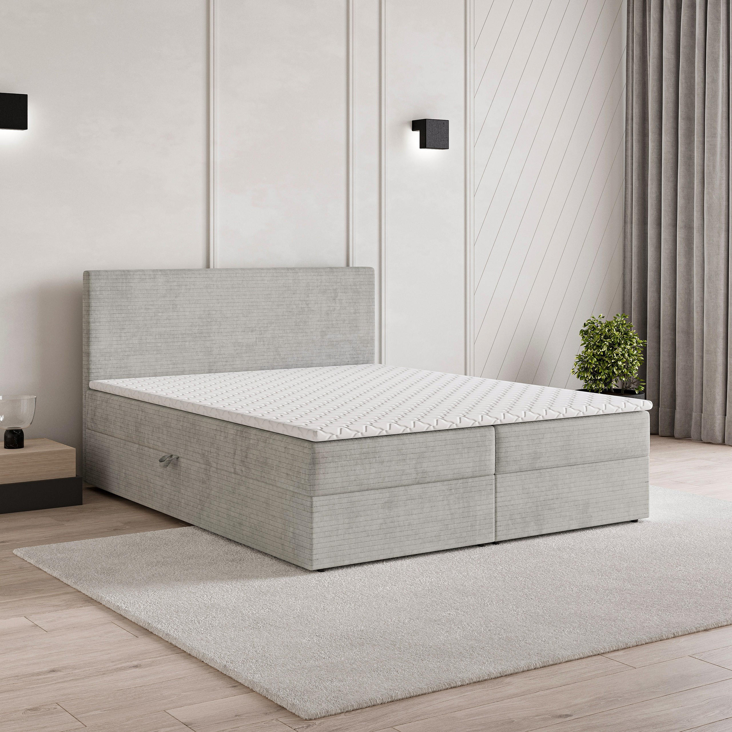 BOXBETT NIRA 140x200 cm mit Matratze und Topper - Hellgrau - Hellgrau, Holz (140/200cm) - MASSENO