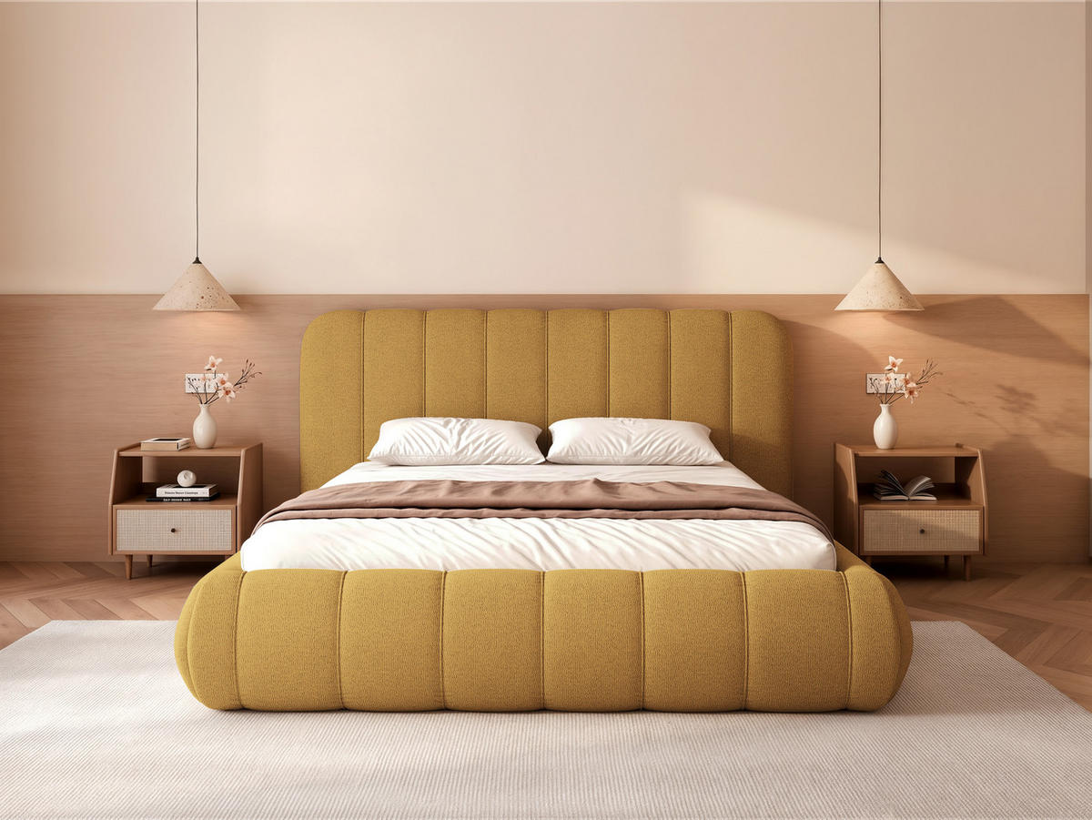 POLSTERBETT Gallo 160x200 cm Senfgelb Schlingengewebe – (Doppelbett mit Bettkasten, Lattenrost, voluminöses Kopfteil) - Currygelb, Holz/Holzwerkstoff (160/200cm) - Ravio
