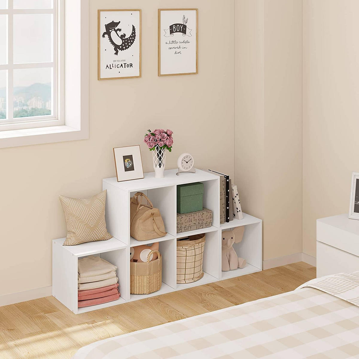 REGAL Bücherregal mit 6 Fächern, Stufenregal, 90x90x30 cm,Weiß - Weiß, Holzwerkstoff (90/90/30cm) - Woltu