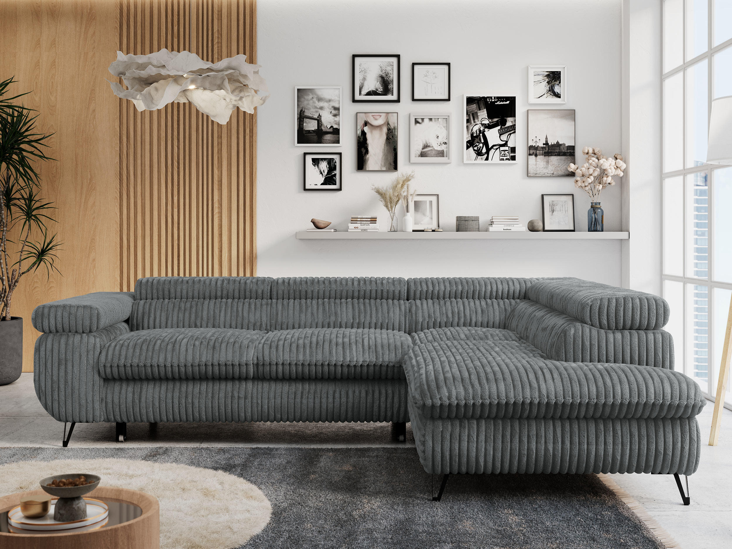 ECKSOFA PETER L Dunkelgrau Cord - Rechts Seite - Dunkelgrau/Schwarz, Textil/Metall (273/208cm) - MKS