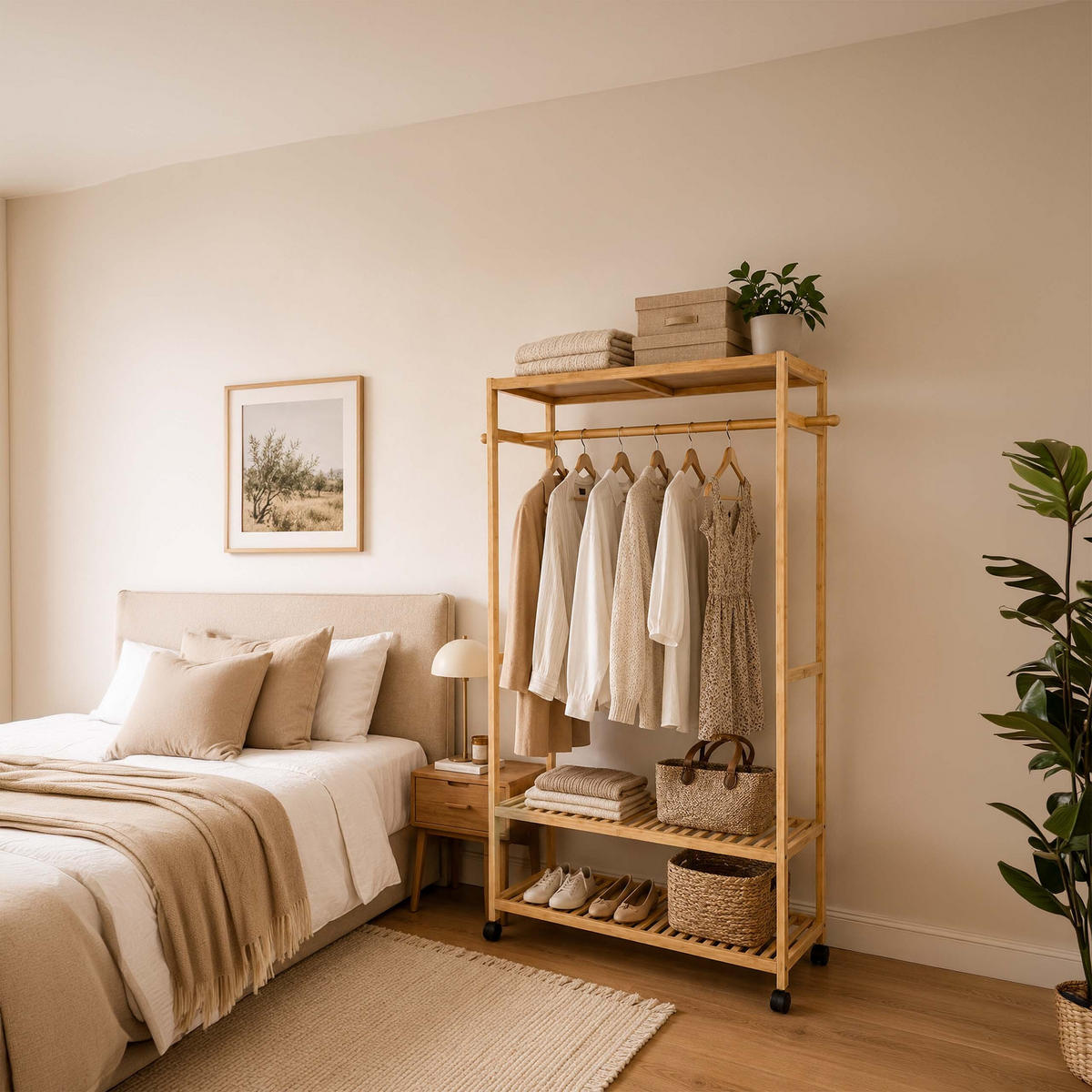 KLÄDSTÄLLNING Natur bambu med hjul - Ljusbrun, Trä/Plast (100/160/35cm) - Relaxdays