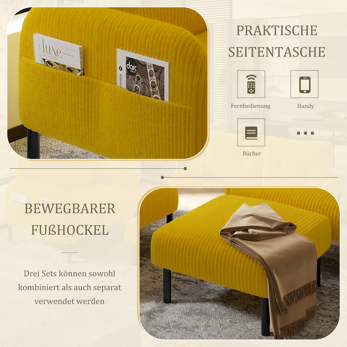 SOFA Set, 2-Sitzer+Sessel+Hocker, Cord, Gelb - Gelb/Schwarz, Textil/Metall (120/79/75cm) - LVHOM