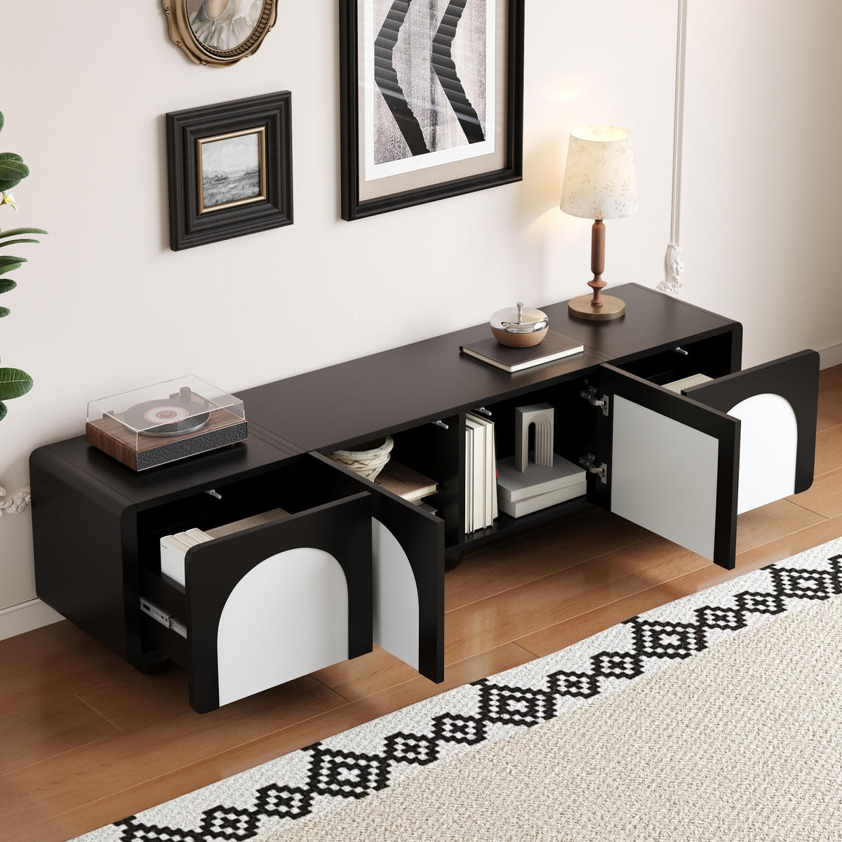 TV Lowboard 180 cm, 2 Schubladen, 2 Türen, Schwarz Weiß - Schwarz, Holz (180/45/38cm)