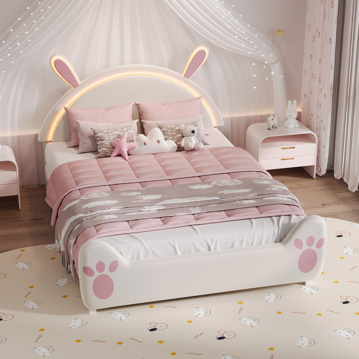 POLSTERBETT 140 x 200 cm mit LED Hasenohren Kopfteil, Kinderbett mit Lattenrost, Samtstoff, für Kinder, Erwachsener - Pink, Holz/Holzwerkstoff (140/200cm) - BursDany