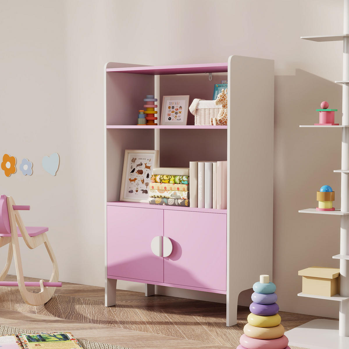 BÜCHERREGAL Kinderregal mit 2 Ablagen und 2 Schranktüren - Weiß/Rosa, Holzwerkstoff (35/100/60cm) - AIYAPLAY