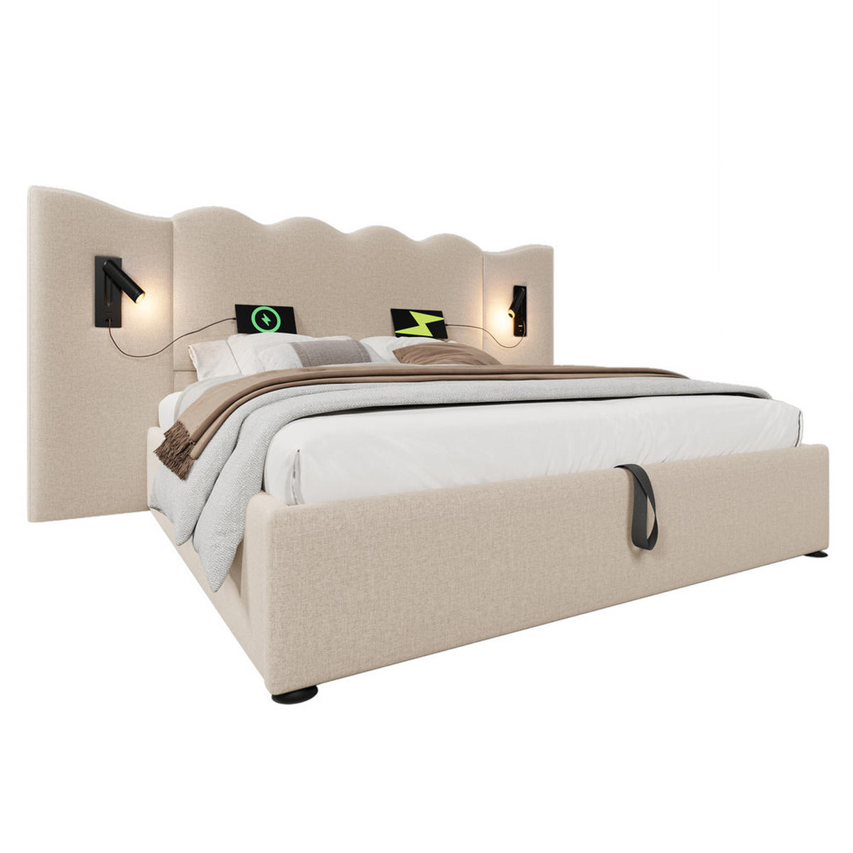 POLSTERBETT 180x200cm Doppelbett mit Leselampe & USB-C Stauraum Beige - Beige, Holz - FLIEKS