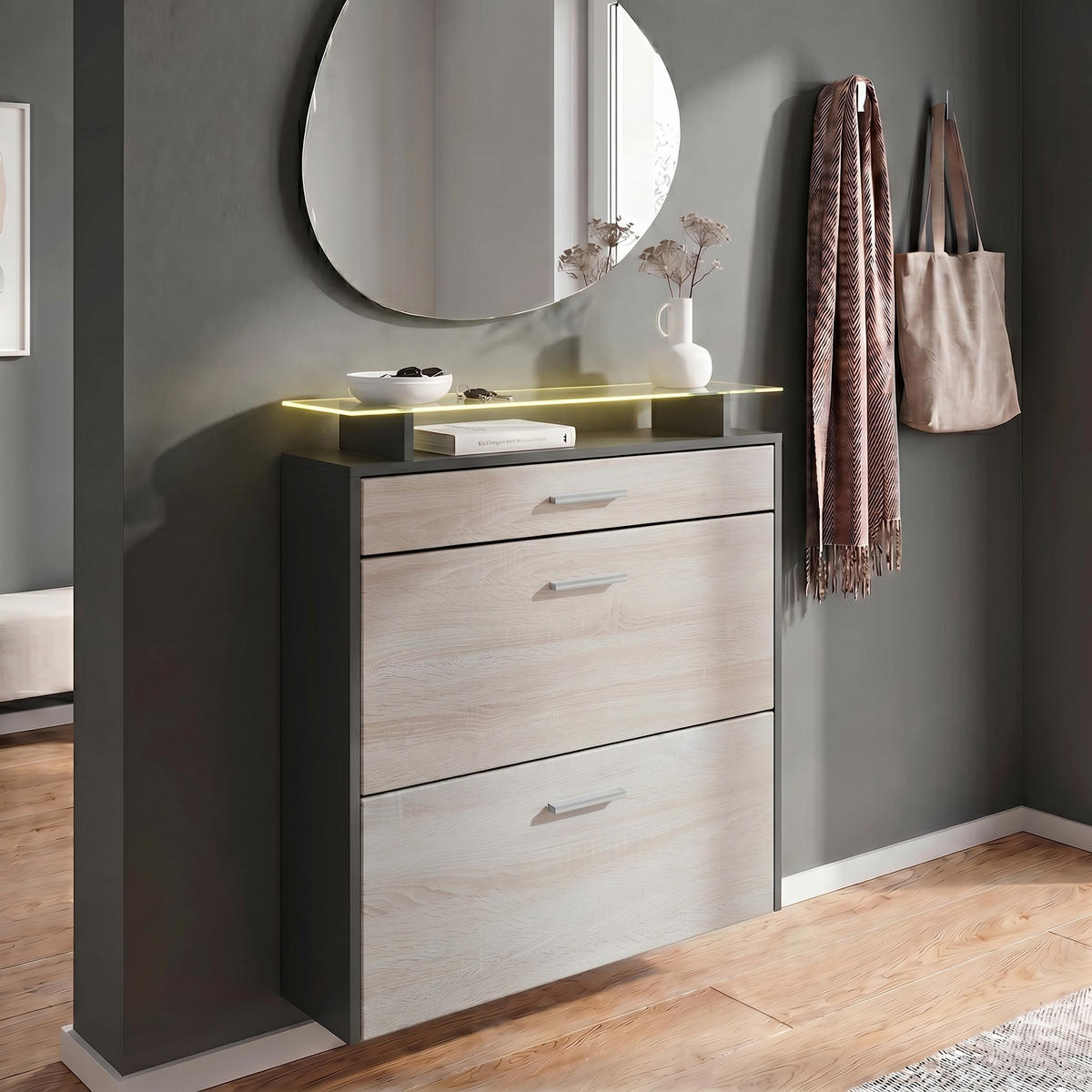 SCHUHSCHRANK Malea Fronten in Eiche sägerau - Eiche San Remo, Holzwerkstoff (89/96/23cm) - Vladon