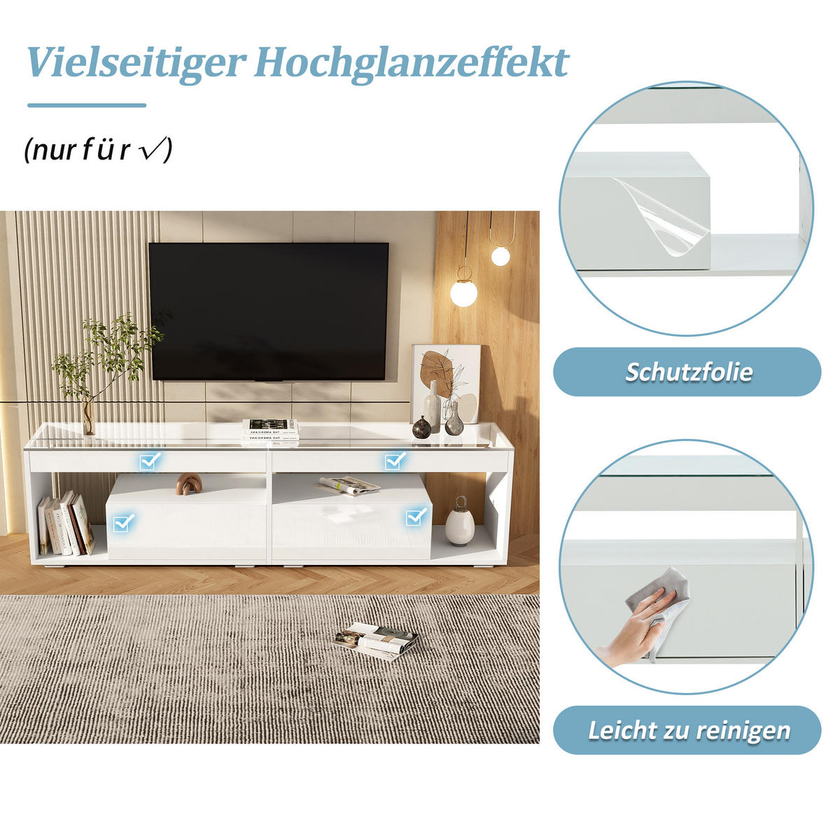 TV-SCHRANK LED Hochglanz 70 Zoll 2 Schubladen Weiß modern - Weiß, Holzwerkstoff (40/46/180cm) - FLIEKS