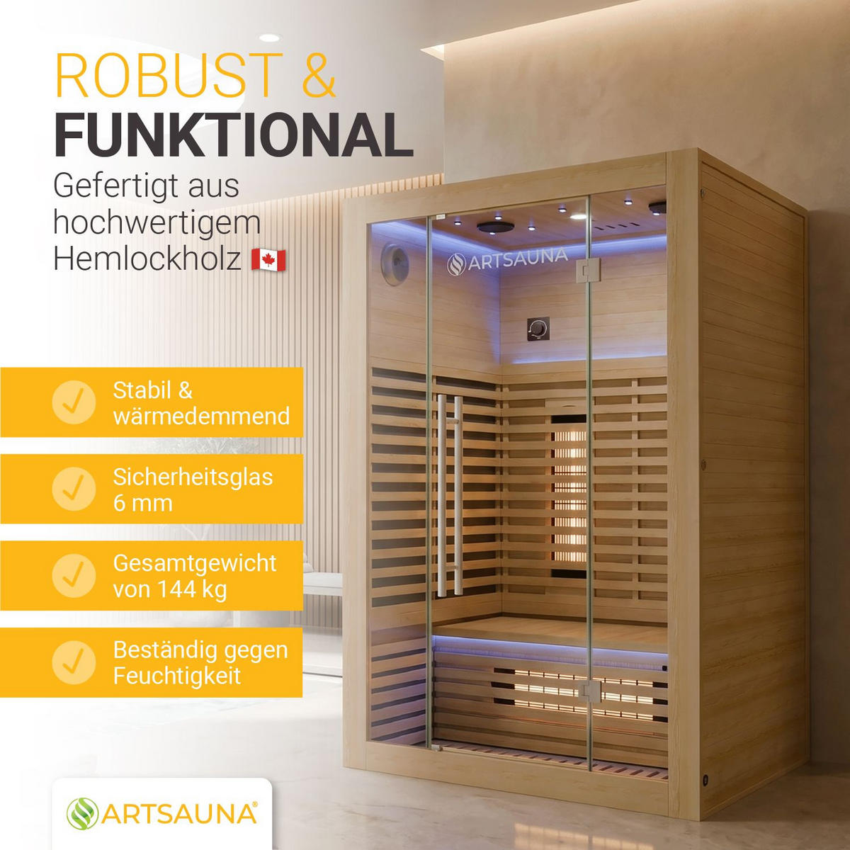 INFRAROTKABINE Trondheim120 natur mit Dual-Technologie & Hemlockholz - Naturfarben, Holz (105/190/120cm) - Artsauna