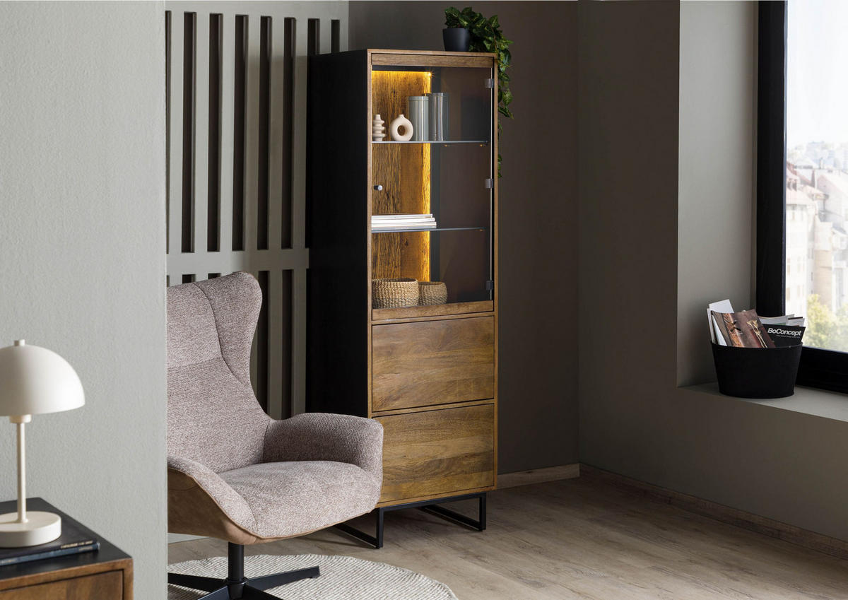 VITRINE Mango / Altholz 56x47x180 schwarz / natur lackiert DAVIS #40 - Schwarz, Holz (56/180/47cm) - Massivmoebel24