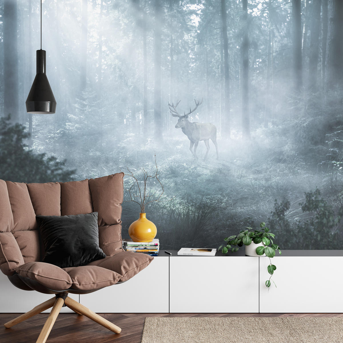 FOTOTAPETE für Wohnzimmer Hirsch Nebelwald Bäume Pflanzen 250x175 - Weiß/Grau, Papier (250/175cm) - Muralo