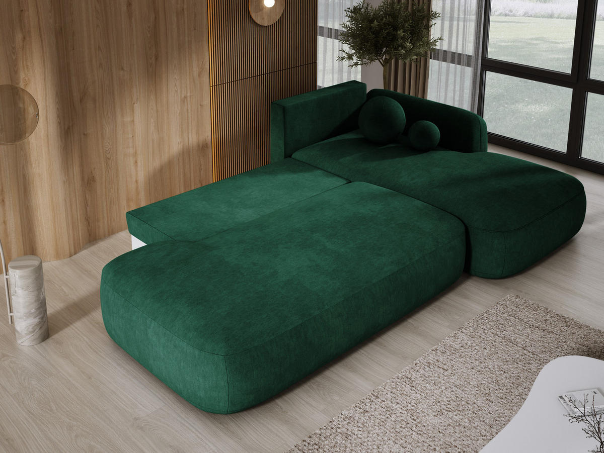 ECKSOFA BABU mit Bettfunktion – Moderne Polsterecke für Wohnzimmer, Funktionales Schlafsofa im Stoff CLOUD, 300x105x60 cm, Rechte, – Grün - Jadegrün, Holz/Textil (300/190cm) - DomoHome