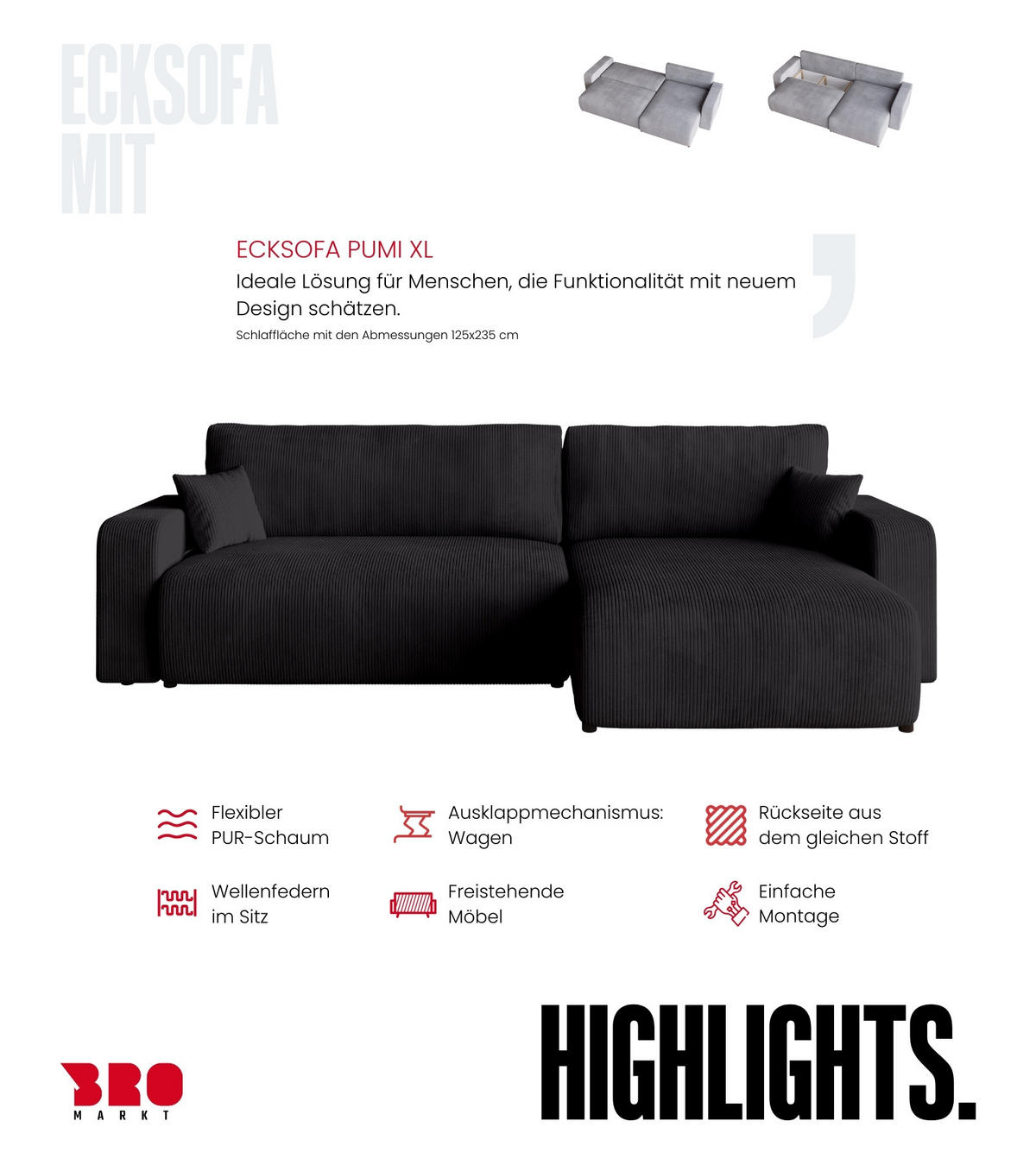 ECKSOFA PUMI XL mit Schlaffunktion Schwarz Cord - Schwarz, Textil (274/148cm) - Bromarkt