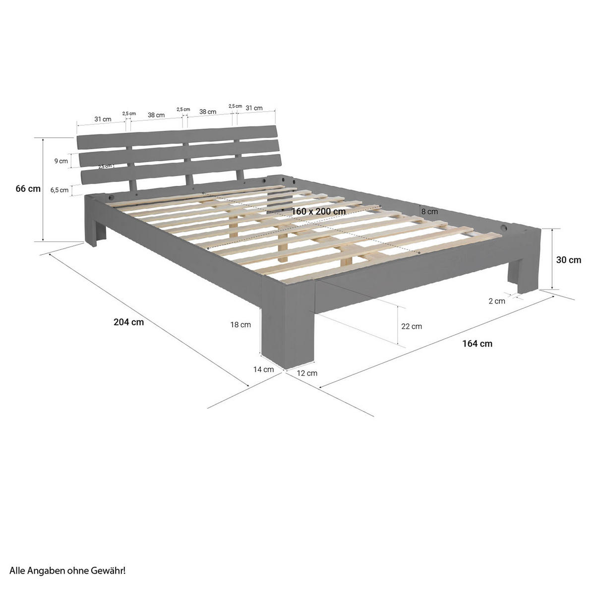 HOLZBETT 160/200 cm mit Lattenrost grau - Grau, Holz (160/200cm) - Homestyle4u