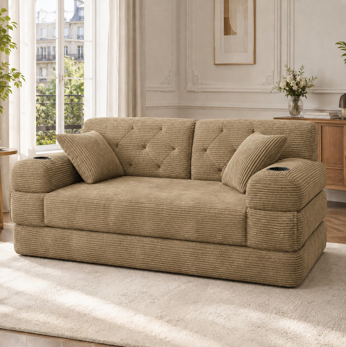 SCHLAFSOFA mit hoher Rückenlehne 168 x 80 x 81 cm Cord Khaki - Braun, Kunststoff (80/81/168cm) - Meubliv