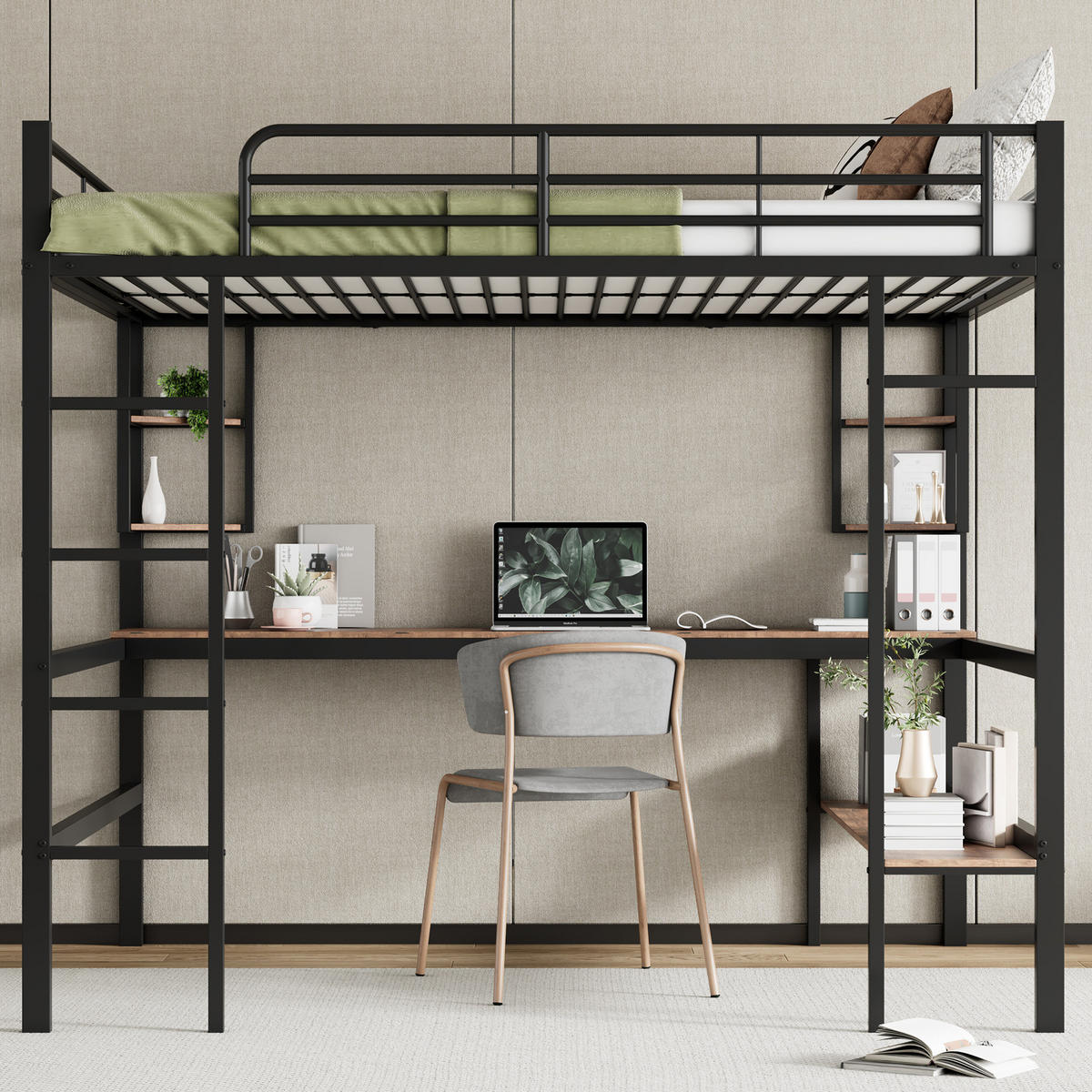 HOCHBETT 140/200 cm aus Metall und MDF mit Schreibtisch und Regalen Schwarz - Schwarz, Metall (140/200cm) - Modenvie