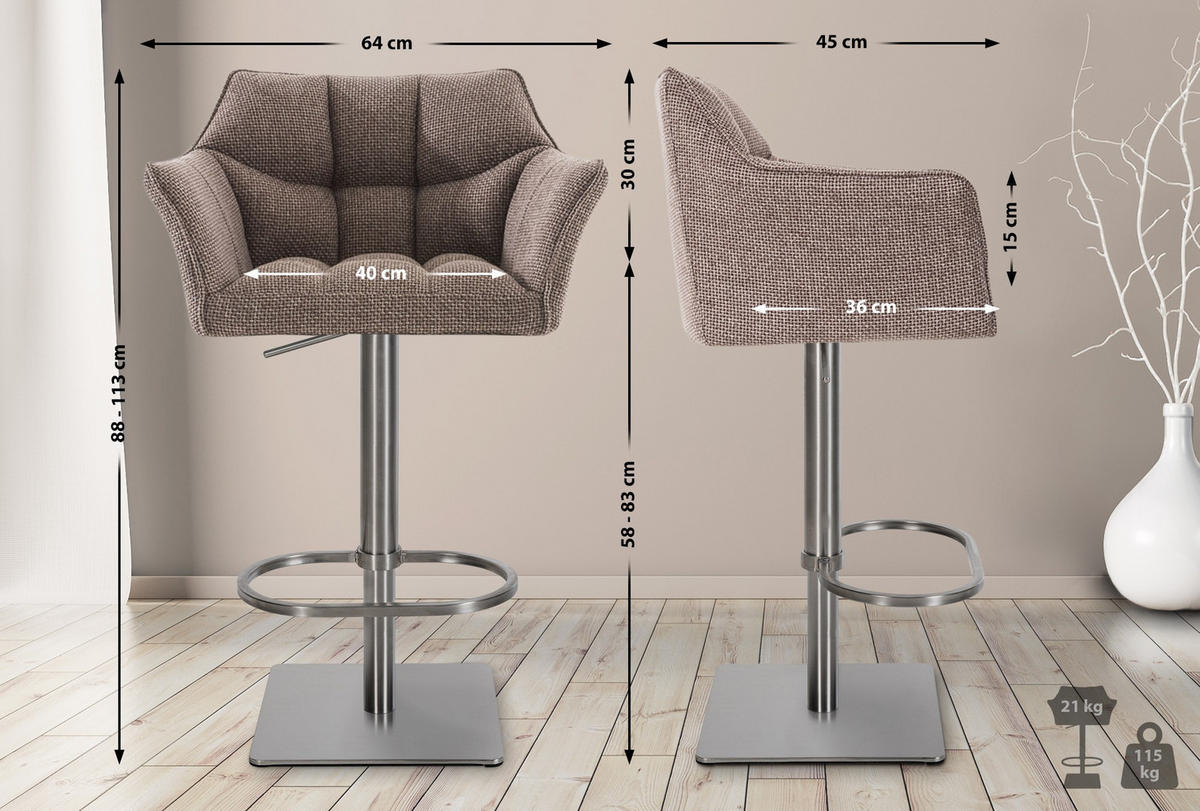 BARHOCKER Stoff Terrabraun - Edelstahlfarben/Dunkelbraun, Textil/Metall (64/88/45cm) - CLP