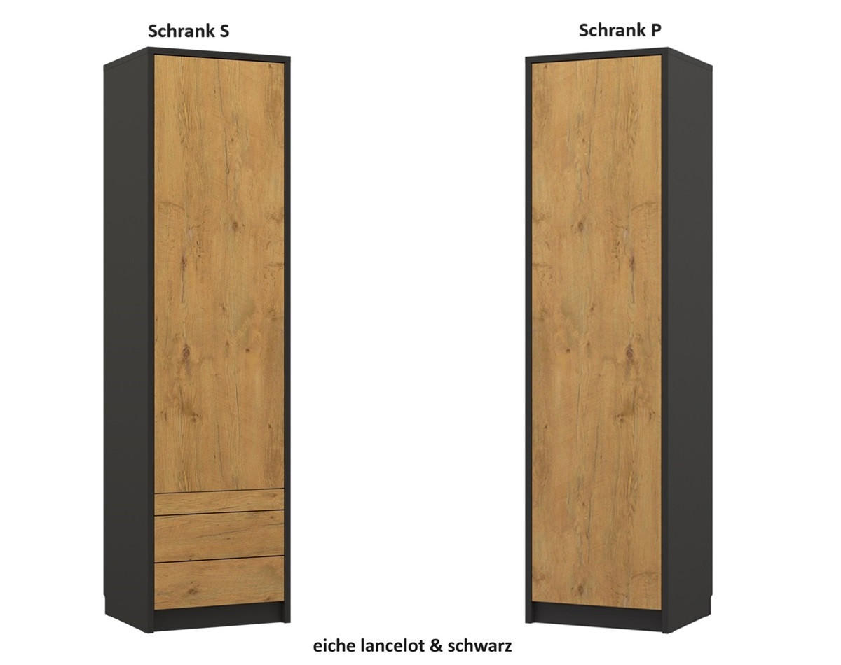 SCHRANKBETT Wandbett vertikal GN 140x200 mit Schreibtisch, LED & 2 Schränken - 3-teilig - Eiche Lancelot & Schwarz - Schwarz/Braun, Holzwerkstoff (140/200cm) - QMM TraumMöbel