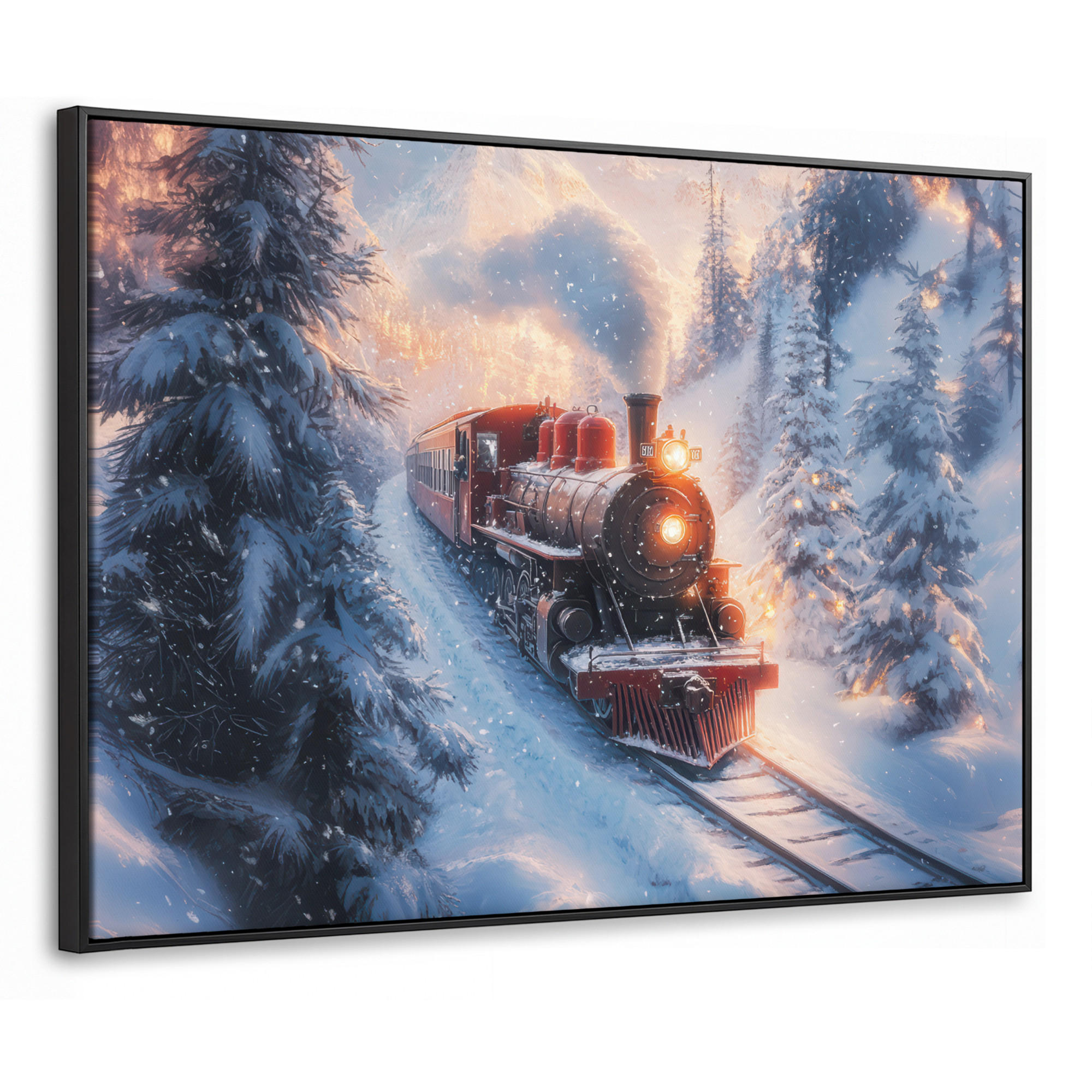 LEINWAND Bilder mit Rahmen - Weihnachtszug - Schnee - Winter - Weihnachten - 100x70 - Dunkelrot, Textil (100/70cm) - MuchoWow