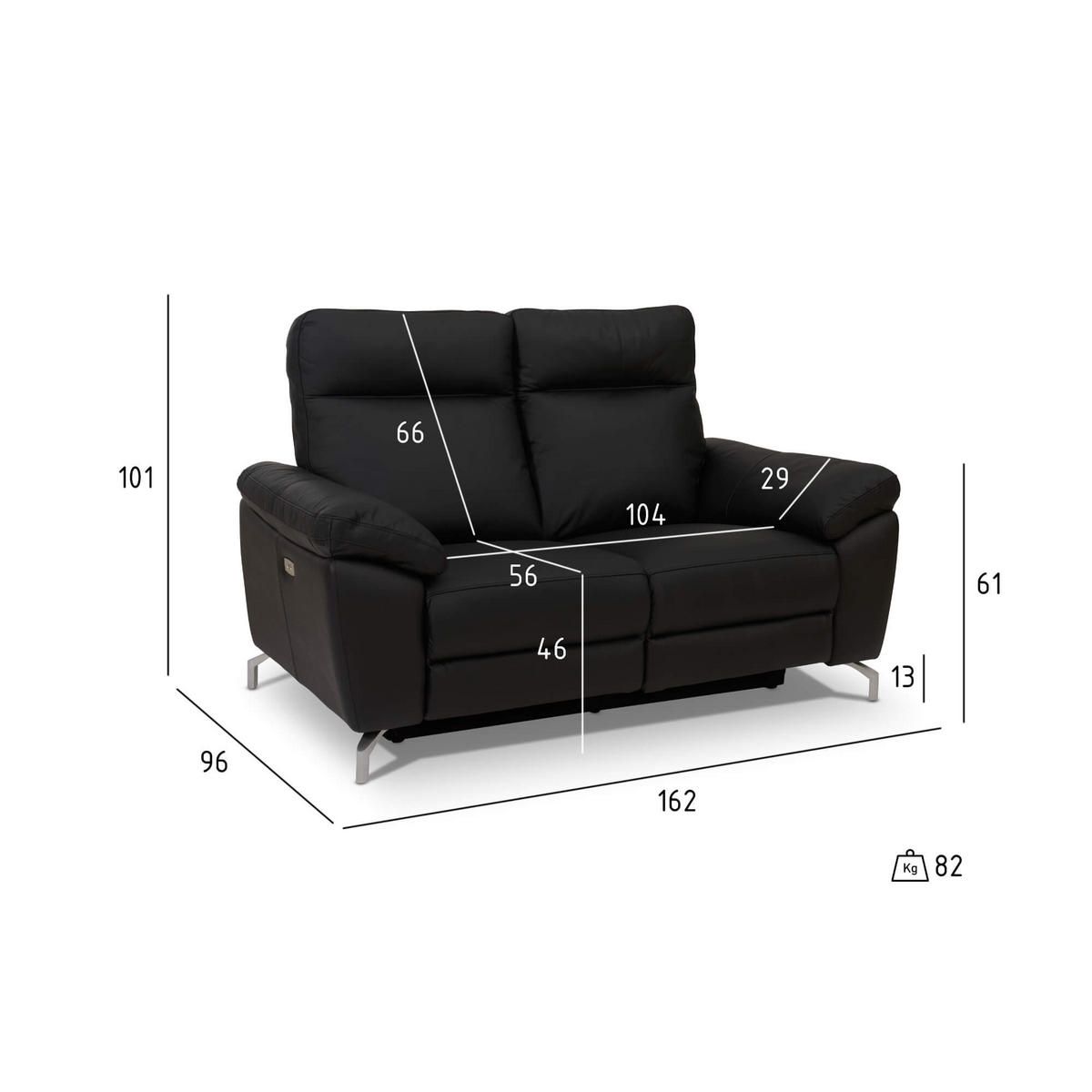 ZWEISITZER-SOFA Echtleder Schwarz - Schwarz, Leder/Metall (162/101/96cm) - Furnhouse