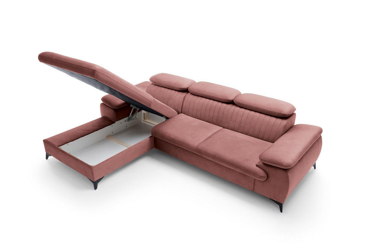 ECKSOFA FIORE Rosa Velours-Stoff mit Schlaffunktion - Rosa, Holz (280/193cm) - MASSENO