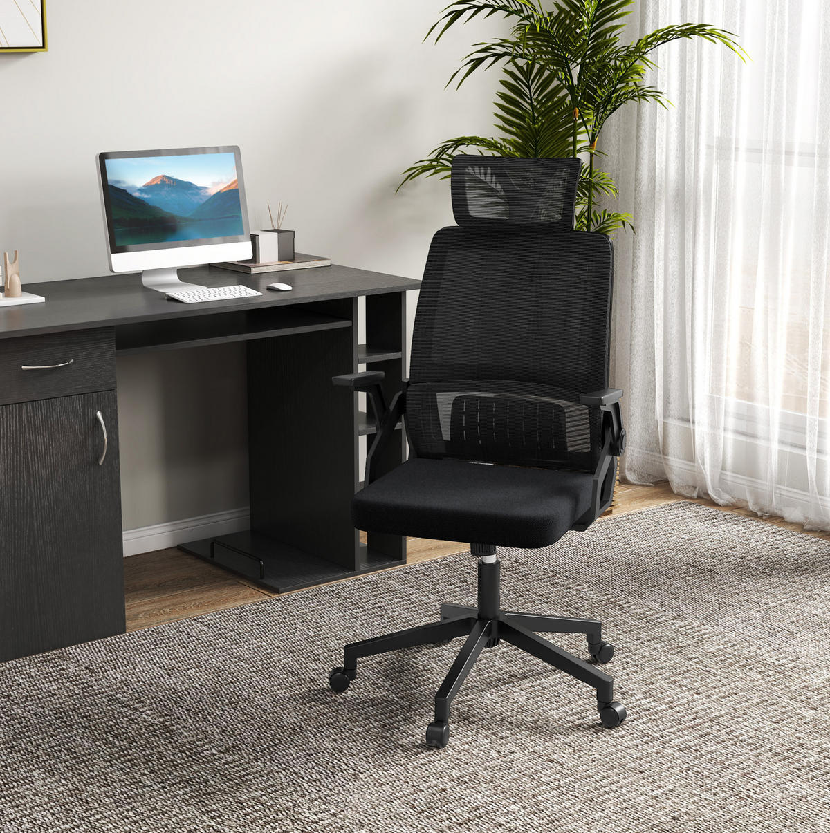 BÜROSTUHL höhenverstellbar mit Kopfstütze Schwarz - Schwarz, Kunststoff (61/119/58cm) - Meubliv