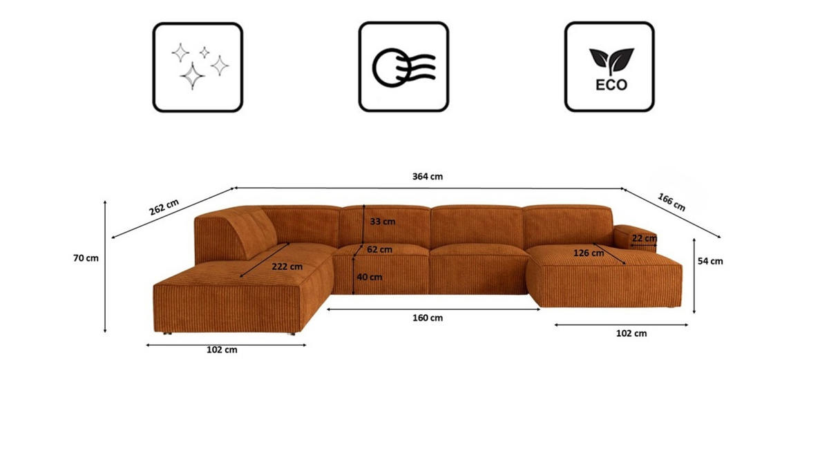 ECKSOFA Cursal V, Stoff Poso, Kupfer, Links - Orange, Holz (364/262cm) - Kaiser Möbel