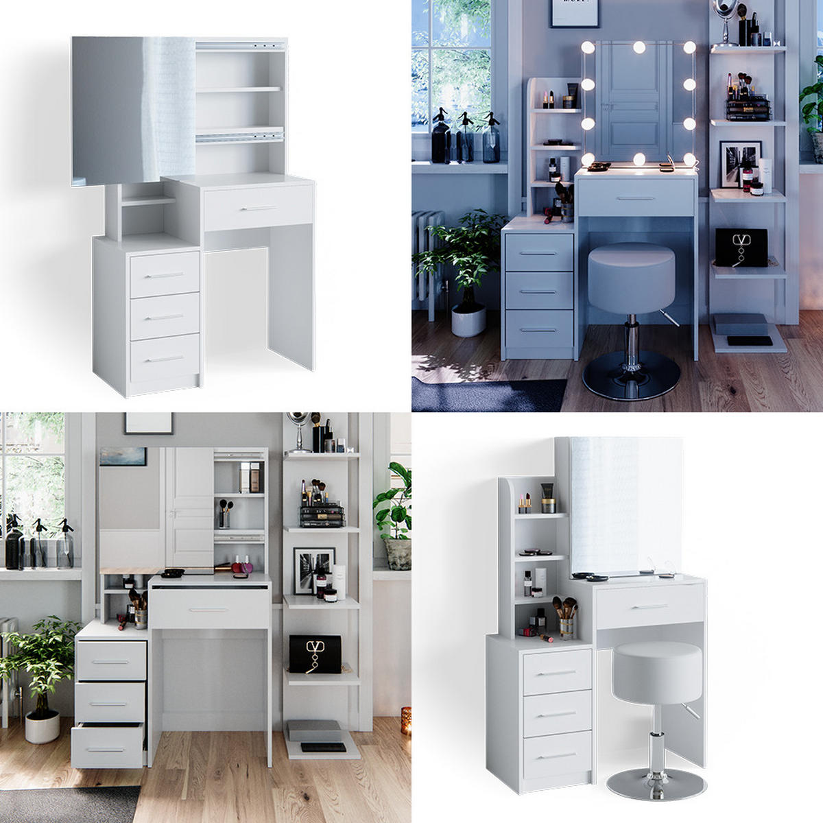 SCHMINKTISCH Conrada Weiß 80 cm mit LED Beleuchtung und Hocker - Weiß, Holzwerkstoff (36/131.6/80cm) - Vicco