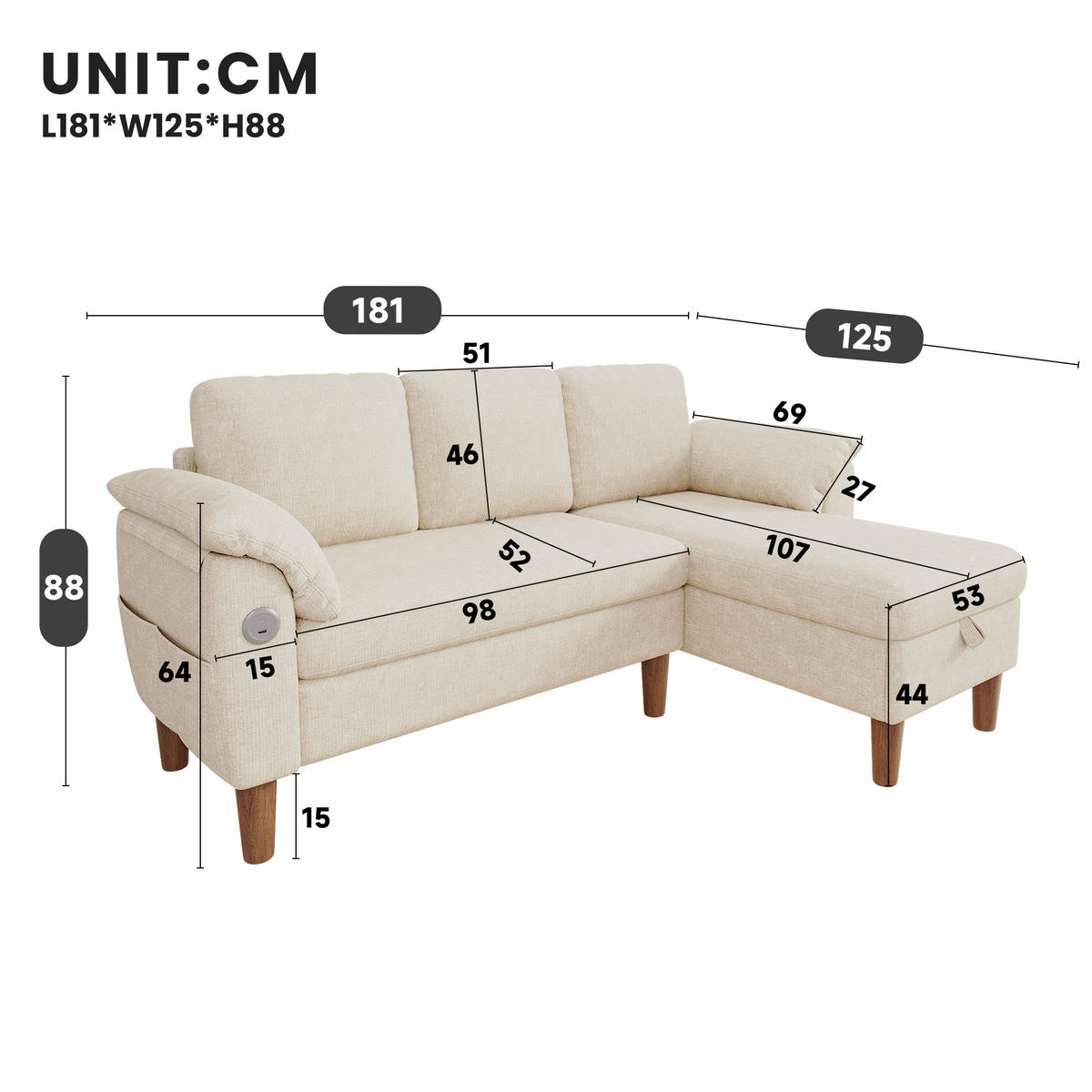 ECKSOFA mit Chaiselongue und USB-C Anschluss Beige - Beige, Textil (181/125cm) - EVRYAE