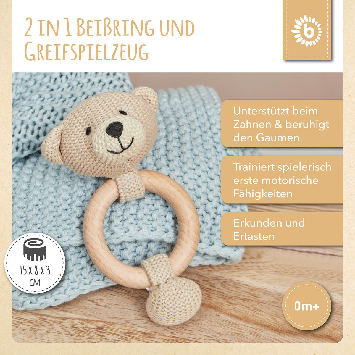 GREIFLING Holz Natur Gehäkelt Rassel Bär - Beige, Textil (8/14cm) - Bieco Spielwaren
