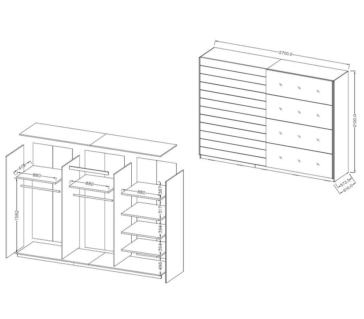 SCHWEBETÜRENSCHRANK Granada Monastery Eiche / Schwarz Hochglanz 270 / 61 / 210 cm - Multicolor/Braun, Holz/Holzwerkstoff (270/210/61cm) - Feldmann-Wohnen