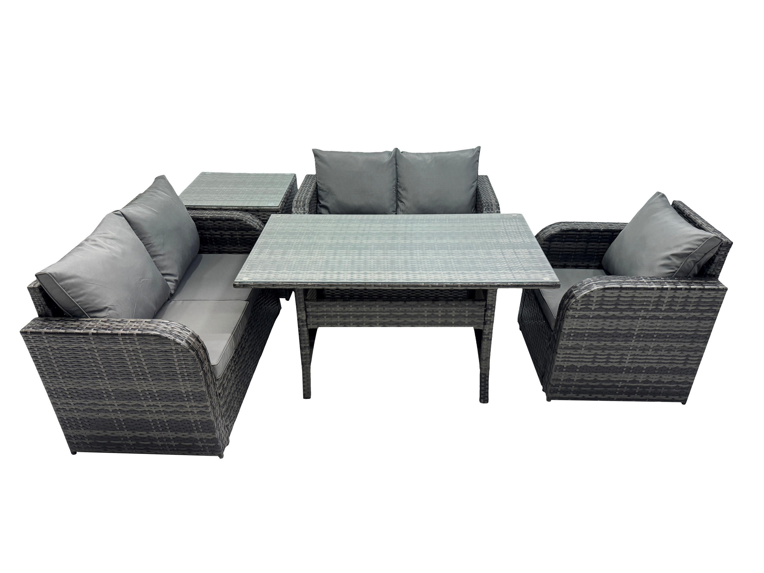 Gartenmöbelset mit Esstisch,Hocker,Beistelltisch Polyrattan Dunkelgrau 5-Sitzer - Dunkelgrau/Grau, Glas/Kunststoff - Fimous