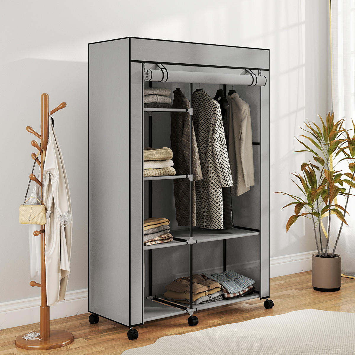 STOFFSCHRANK mit 6 Regalen und 1 Kleiderstange, platzsparende Aufbewahrungslösung in Hellgrau - Hellgrau, Metall (103/162.5/43cm)