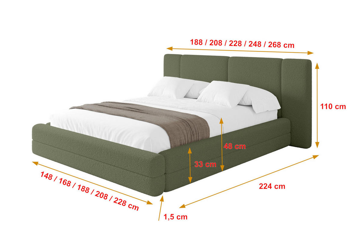 POLSTERBETT mit Bettkasten und Lattenrost, Bett mit Matratze H3/H4 - TEVO 200x200 Grün - Olivgrün, Holzwerkstoff/Textil (200/200cm) - ALTDECOR