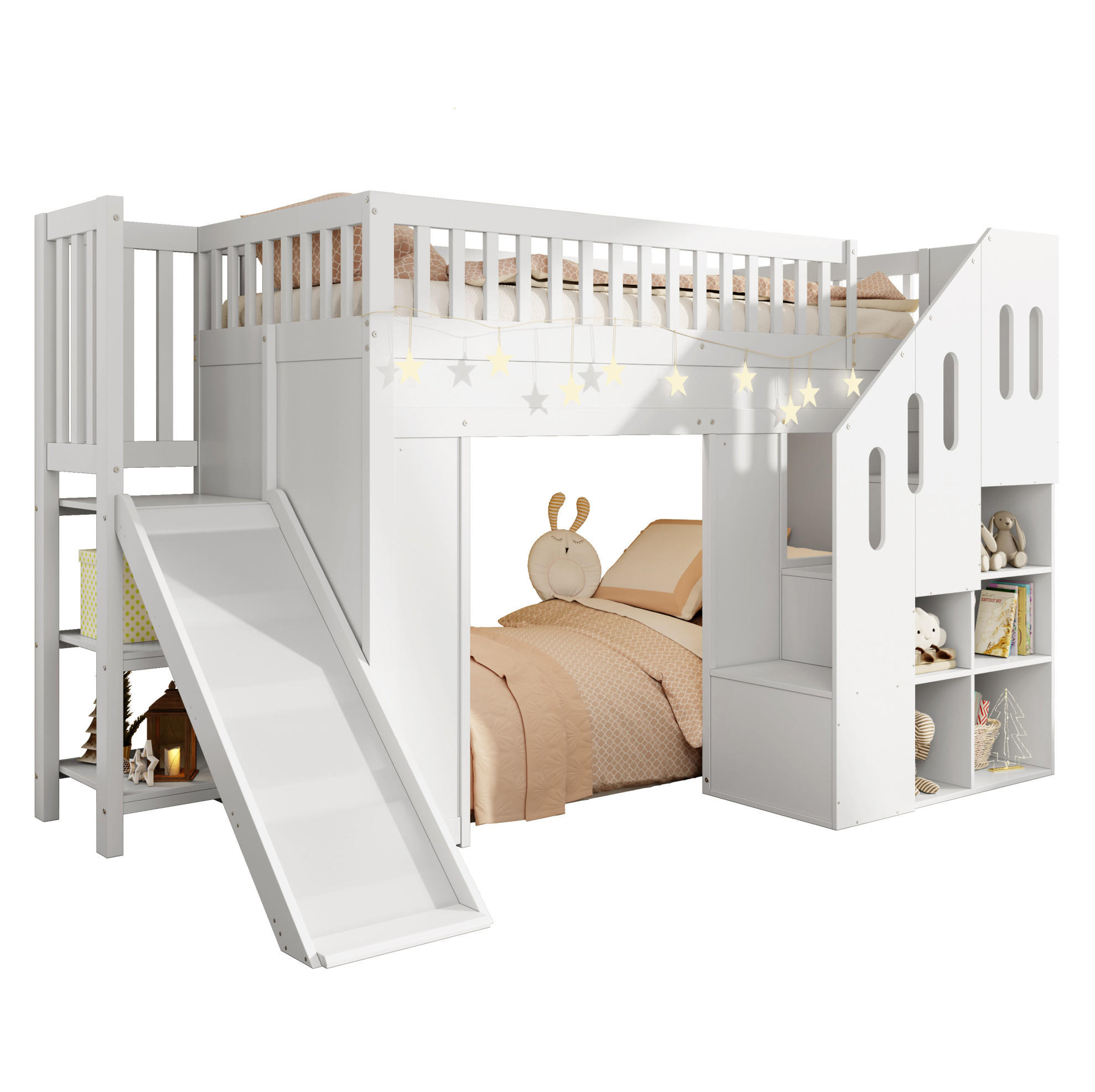 HOCHBETT aus Kiefernholz und MDF 90x200 cm Weiß mit Rutsche, Eckstauraumtreppe, LED-Lichtleiste und Lattenrost - Weiß, Holzwerkstoff (90/200cm) - Modfu