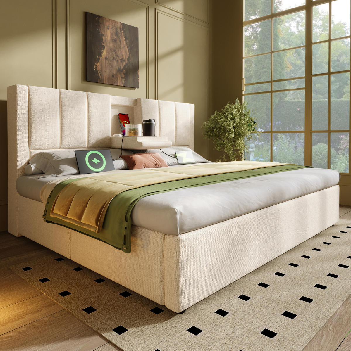 POLSTERBETT mit Stauraum und Ladestation 140x200 cm Leinen Beige - Beige, Metall (140/200cm) - Beauniv