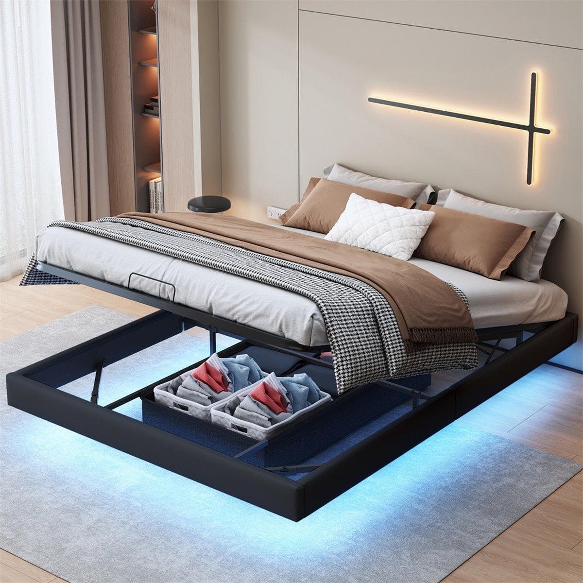 POLSTERBETT 160 x 200 cm ohne Kopfteil mit LED-Beleuchtung & hydraulischem Stauraum - PU-Leder - Schwarz - Schwarz, Textil (160/200cm) - DELFA