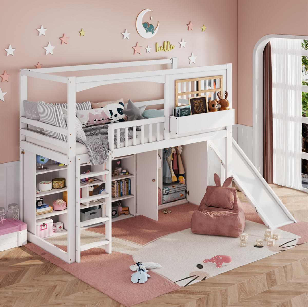 ETAGENBETT mit Rutsche und Kleiderschrank 90x200 cm Weiß/Natur - Weiß, Holzwerkstoff (90/200cm) - Beauniv