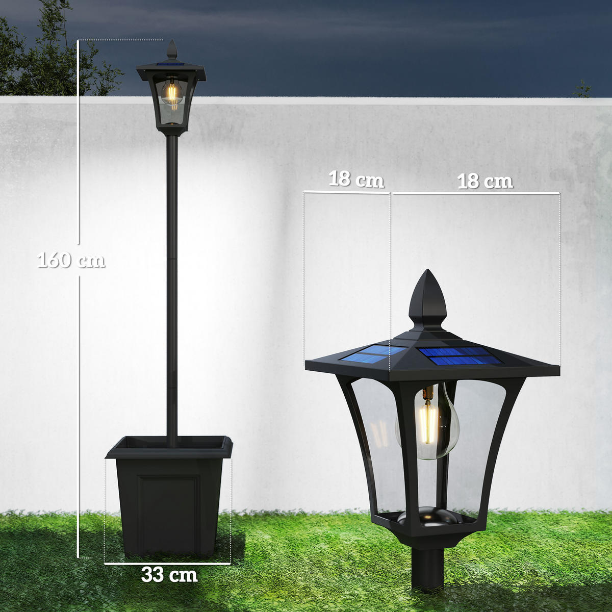 SOLÁRNÍ lampa ABS hliník černá - černá, plast (33/33/160cm) - Outsunny