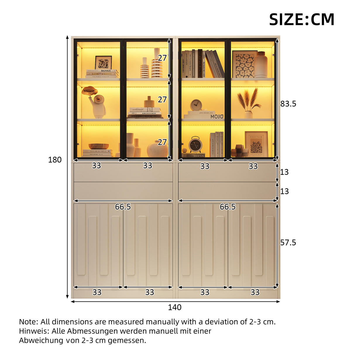 VITRINE 2er-Set 140x34x180 cm Weiß LED Glastüren - Weiß, Holzwerkstoff (140/180/34cm) - FLIEKS