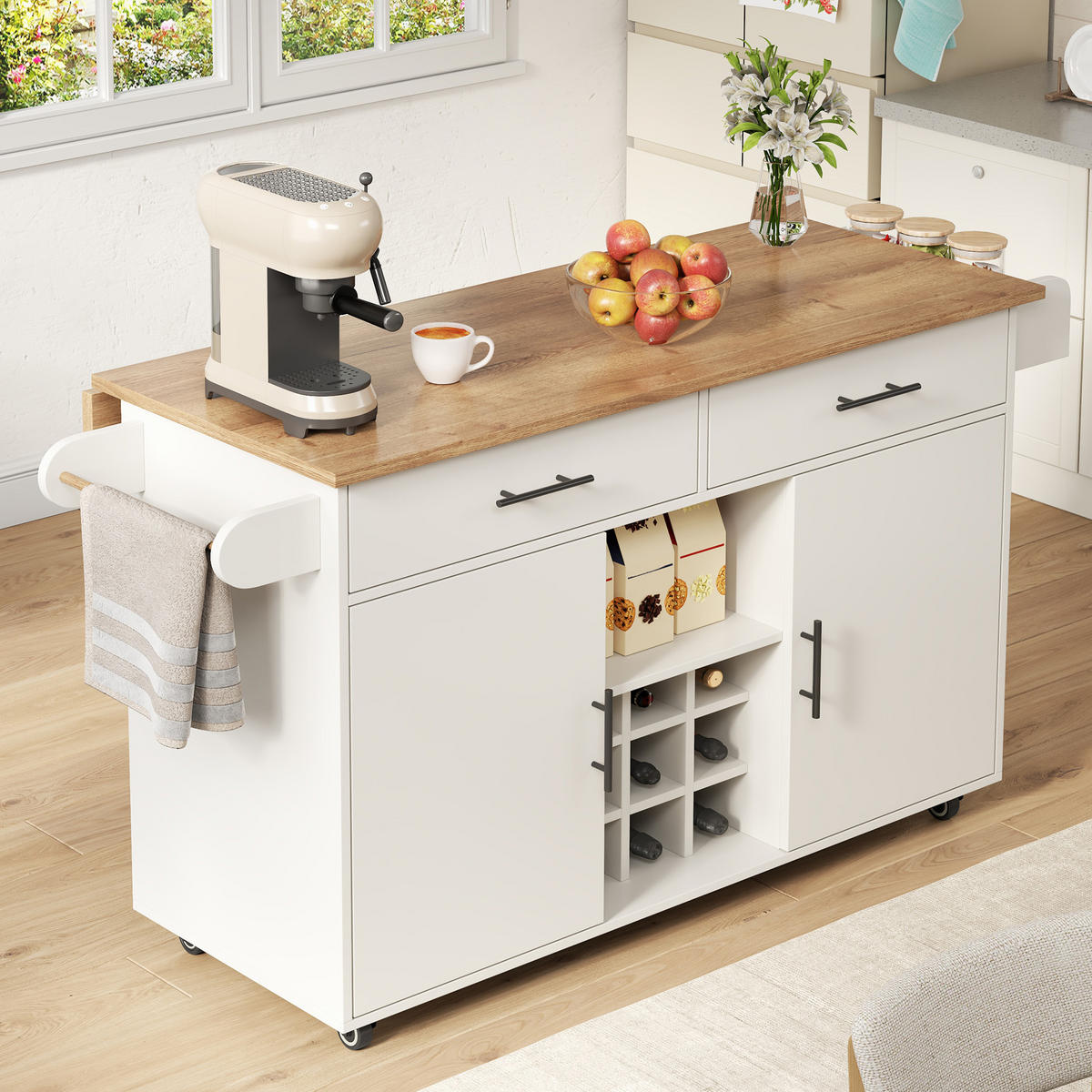 KÜCHENINSEL DE-41512 120/45/84 cm, klappbare Arbeitsplatte, Weinregal Weiß - Weiß, Holzwerkstoff (120/84/45cm) - ComfortXL