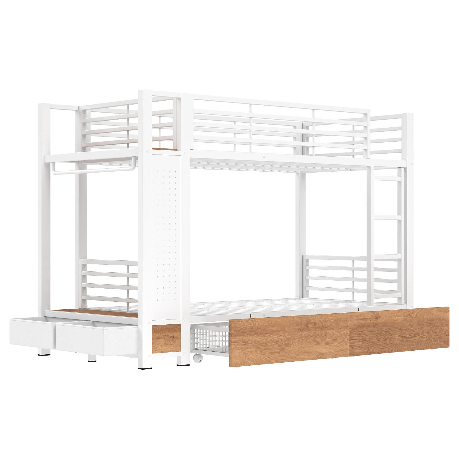 ETAGENBETT 90/200 cm Weiß mit 4 Schubladen, LED-Lichtleiste und Kleiderstange - Weiß, Metall (90/200cm) - Oxeza
