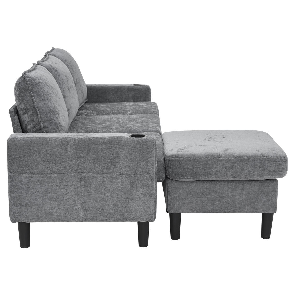 ECKSOFA Gepolstertes 3-Sitzer mit Fußhocker und USB und Typ-C-Anschlüssen Grau Leinen 202/137/80 cm - Grau, Textil (202/137cm) - OKWISH