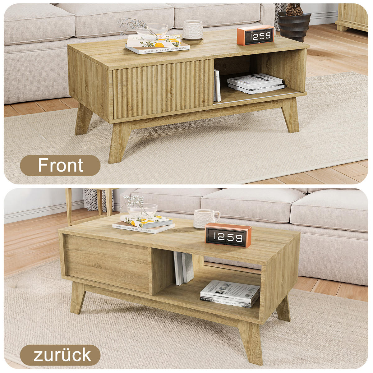COUCHTISCH holzoptik mit schiebetür und offenem fach - Eichefarben, Holz (95/41/48cm) - SHOPENTRA
