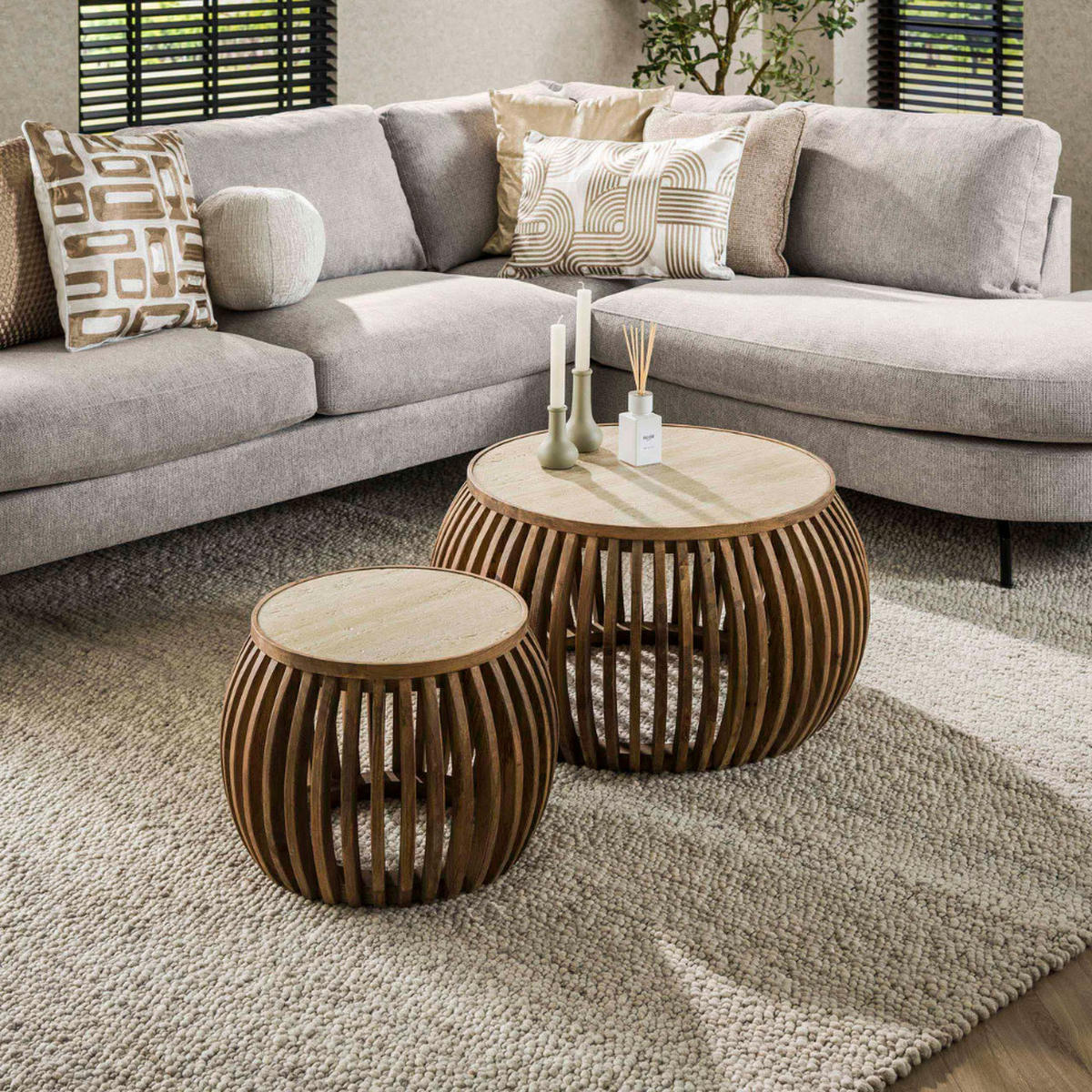 COUCHTISCH-SET ALBA FERA Bauchige Design-Satztische mit Travertin-Keramik - Beige/Braun, Holz/Keramik (75/75/40cm) - alesvelt
