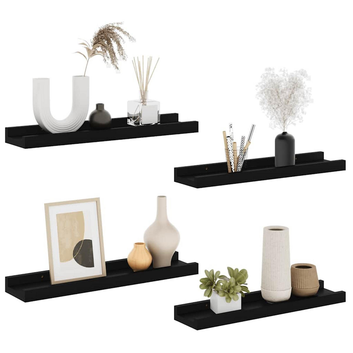 WANDREGALSET 4-teilig 40/9/3 cm aus MDF Schwarz Max. Belastbarkeit 5 KG - Schwarz, Holzwerkstoff (40/3/9cm) - vidaXL