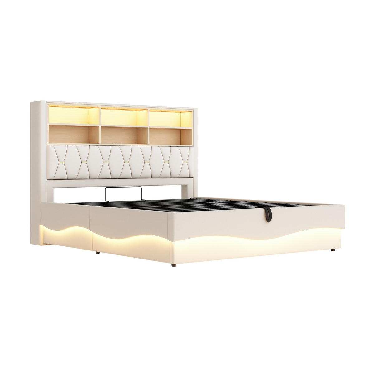 POLSTERBETT 180/200 cm mit hydraulischem Stauraum und LED-Beleuchtung - Beige, Metall (180/200cm) - OKWISH