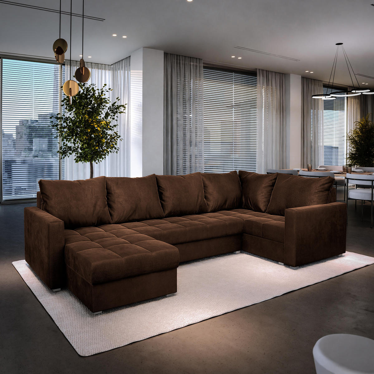 WOHNLANDSCHAFT LORIVO L-S Braun Plüsch-Stoff mit Schlaffunktion - Braun, Holz (285/85/150cm) - MASSENO