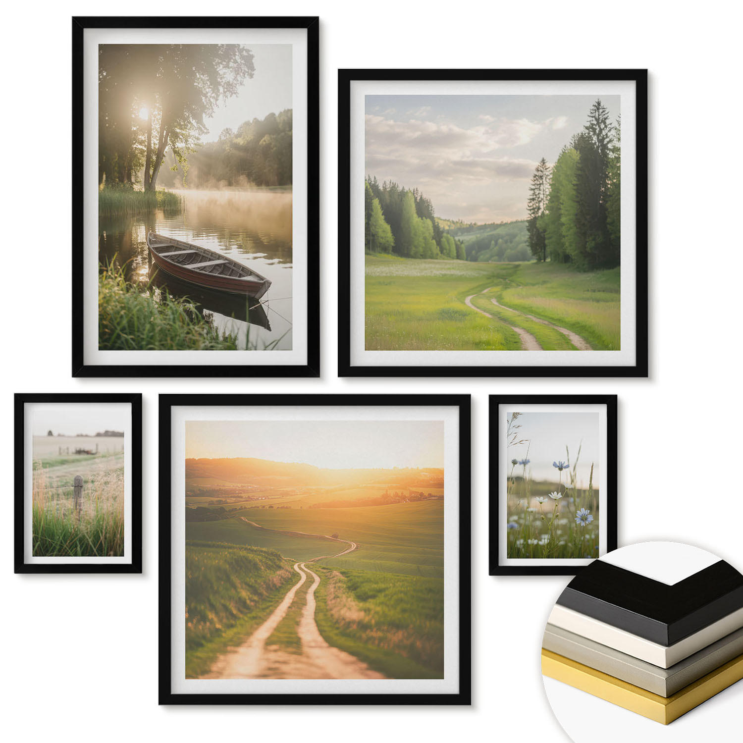 WANDBILDER 5er-Set - 50x50 cm & 20x30 cm & 40x60 cm Schwarzer Rahmen - Landschaftswiesenstraße West - Schwarz, Kunststoff (40/60cm) - ArtPrintCave
